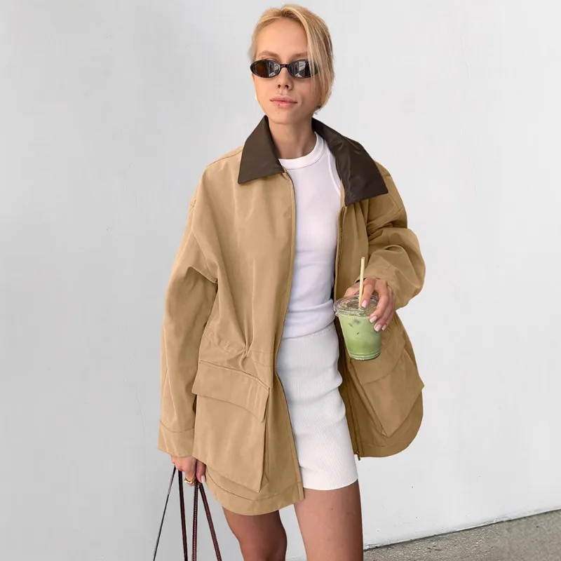 

Khaki Autumn Winter New Style Patchwork Copy Leather Loose Trench Coat Fashionable High-end and Elegant Overcoat Women Jacket