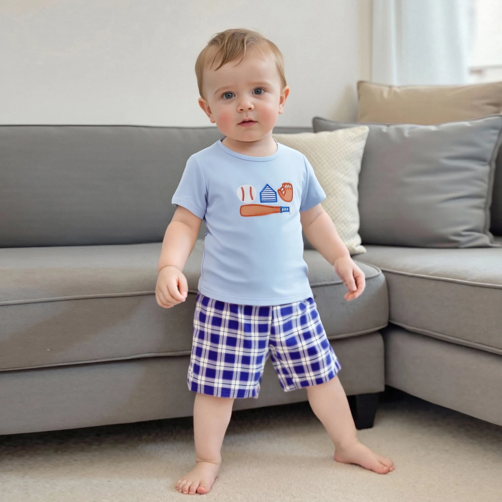 

Toddler Baby Boy Baseball Outfit for Summer Loose Fit Embroidery Short Sleeve T-Shirt with Plaid Shorts 2 Pcs Set