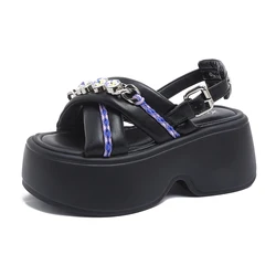 New Summer Women Chunky Sandals Leather High Platform Trainers Breathable Casual Slippers Shoes Woman 7.5CM Heels Wedge Sneakers