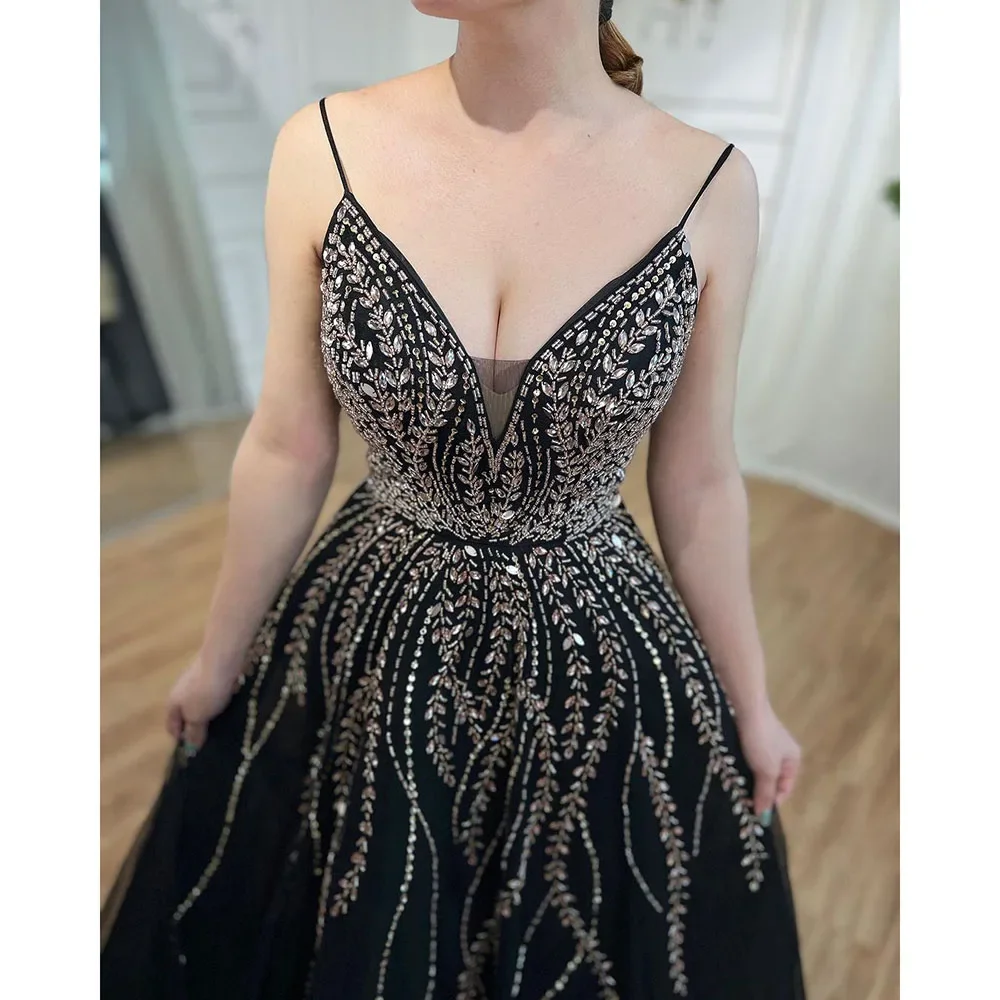 Serene Hill Customized Black Arabic A-Line Graduation Party Prom Dress Celebrity Party Gown 2024 for Women DLA71887