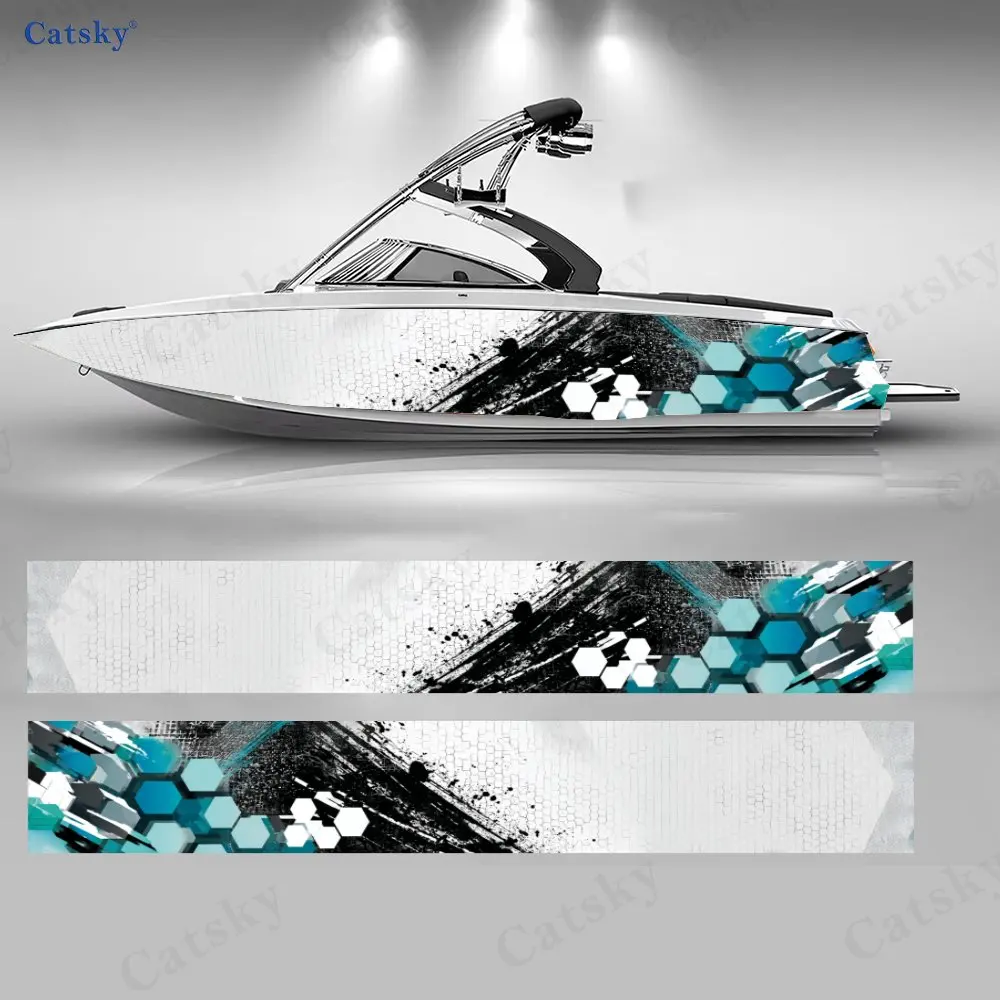 

2 шт. наклеек для лодок Cyber Splash Ink синего и белого цвета, водонепроницаемые виниловые наклейки из ПВХ для рыболовных лодок, прочный и стильный дизайн