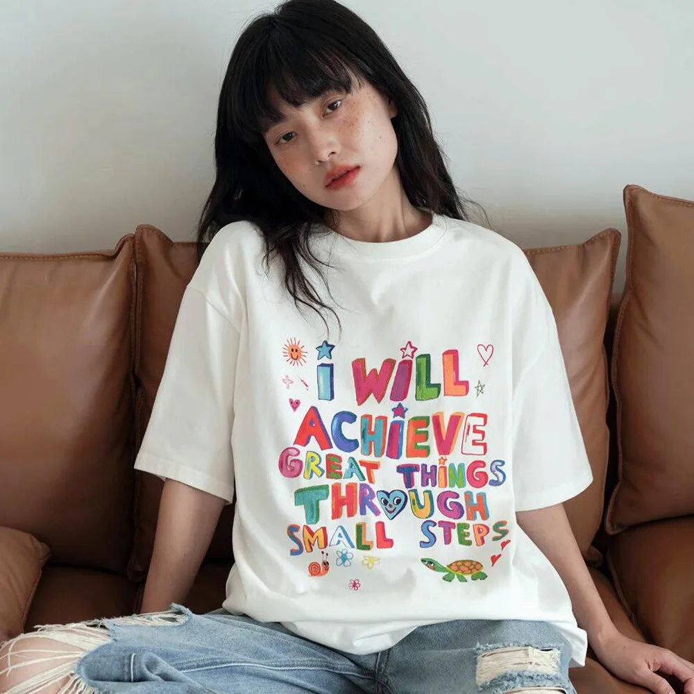 Letters Graffiti Printing Female Graphic Positive T Shirts Summer Short Sleeve Loose Cotton Tops New Arrival Harajuku Style Tees