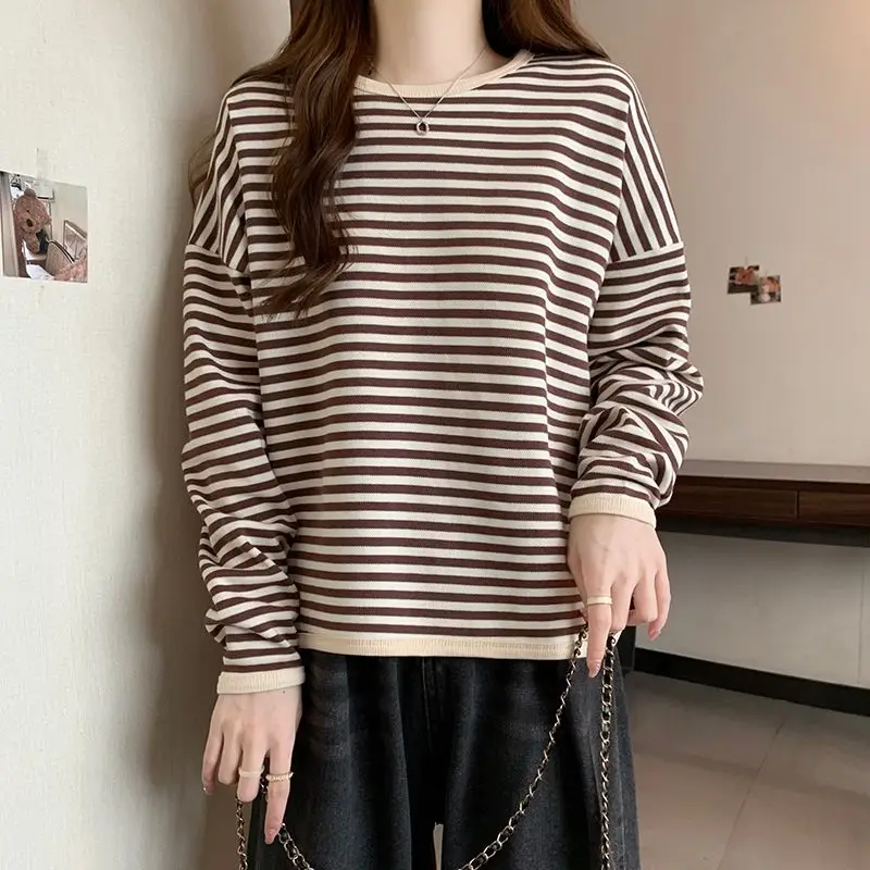 

Korean Striped Fashion Spliced Pullovers Spring Autumn Casual Round Neck Women's Clothing Loose All-match Long Sleeve T-shirt