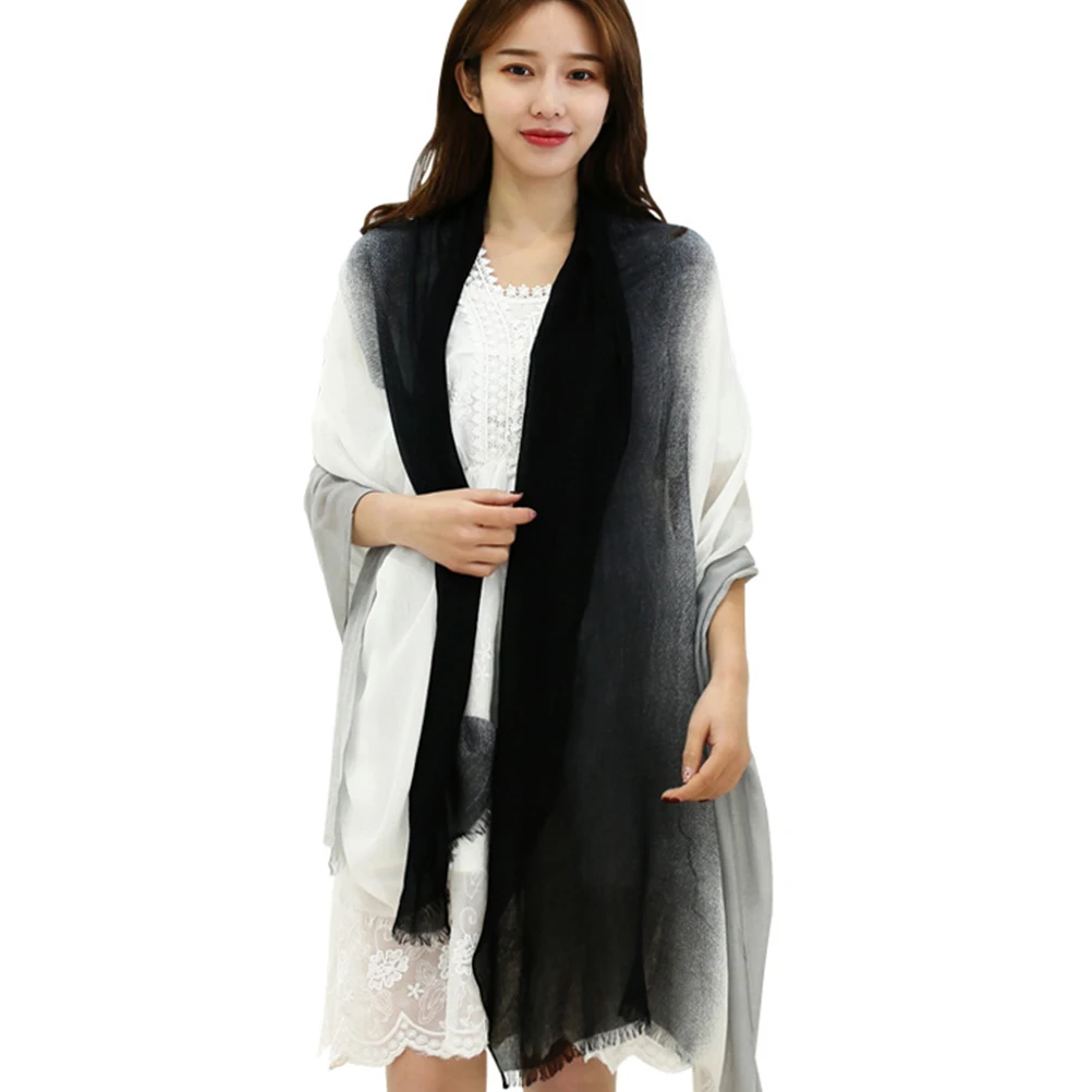 

Fashion Cotton Scarf Shawl Lightweight Sunscreen Women Beach Black White Gradient Durable No Deformation Travel Accessories Silk