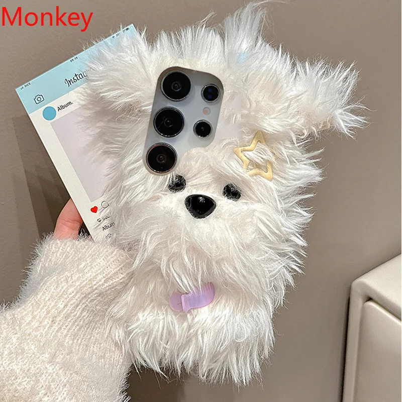 น่ารักFluffy Plush Bow Puppy FurryสําหรับSamsung S25 Ultra S24 FE S23 S22 S21 S20 S10 S9 ฤดูหนาวWarm Furนุ่มป้องกัน