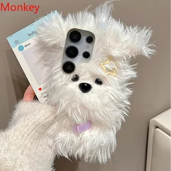 Cute Fluffy Plush Bow Puppy Furry Case For Samsung S25 Ultra S24 FE S23 S22 S21 S20 S10 S9 Winter Warm Fur Soft Protective Cover