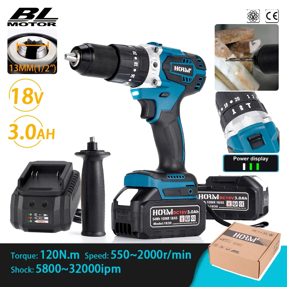 Furadeira de impacto elétrica sem escova, 18v, 120n.m, com bateria de lítio, chave de fenda elétrica de 13mm com alça, ferramenta de broca manual doméstica