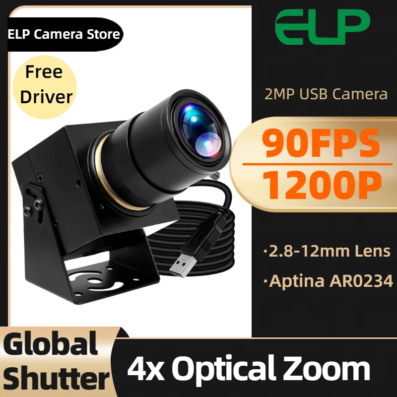 ELP 1080P Global Shutter USB Camera 90fps High Speed Video Camera 2.8-12mm Varifocal CS Lens 2MP AR0234 Zoom Webcam for Motion C