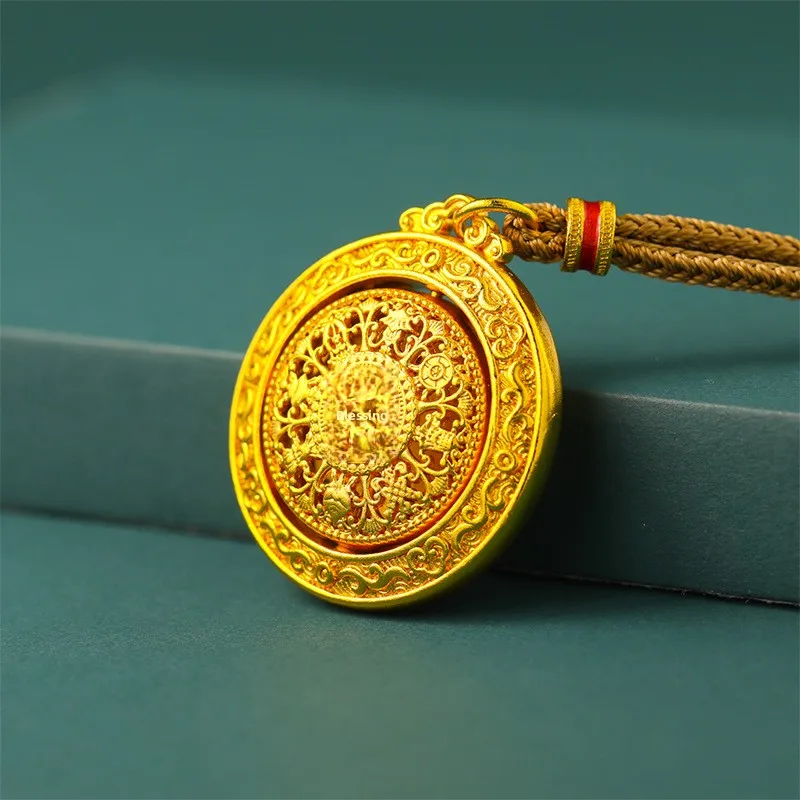 24k Gold Plated Chinese Style Lucky Fu Pattern Rotatable Eight Treasures Compass Pendant Necklace Blessing Good Fortune Wealth