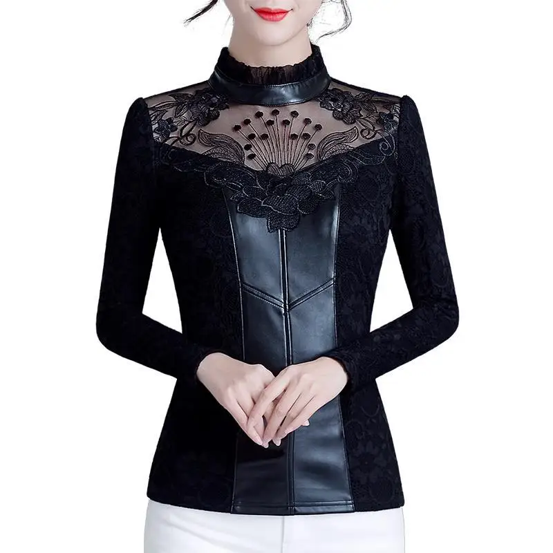 2023 Autumn and Winter Women\'s Half High Neckline Lace Button Splice Slim Fit Fashion Casual Elegant Commuter Long Sleeve Tops