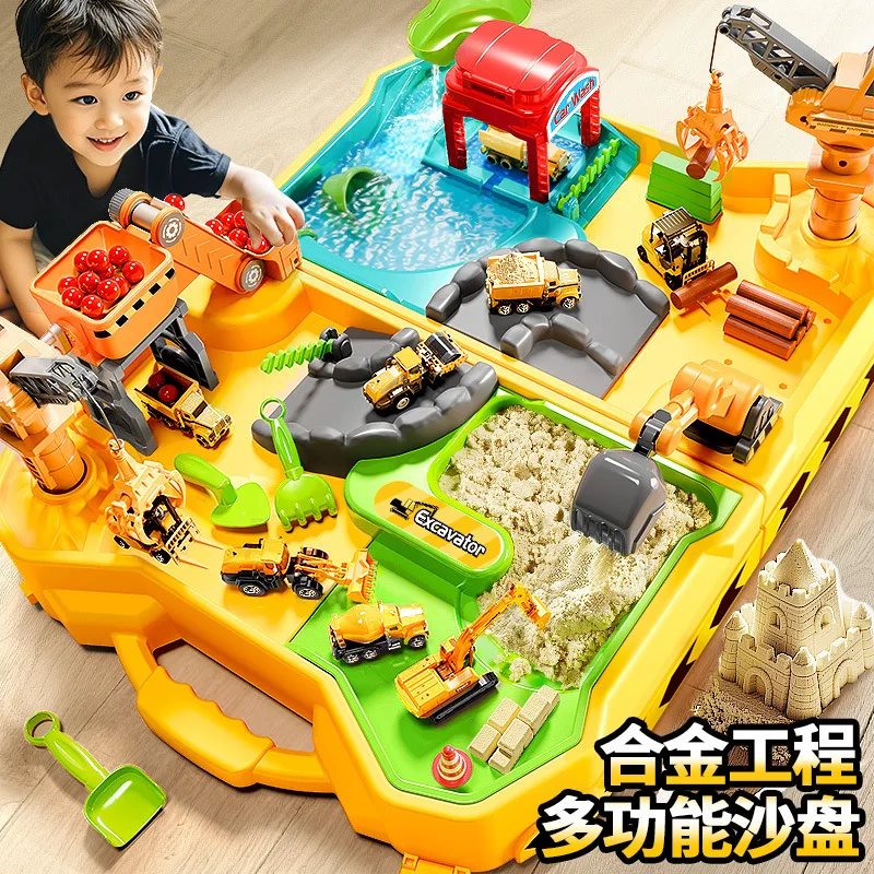Crianças liga engenharia construção brinquedo conjunto multifuncional areia água jogar mesa sandbox com veículos para meninos presente