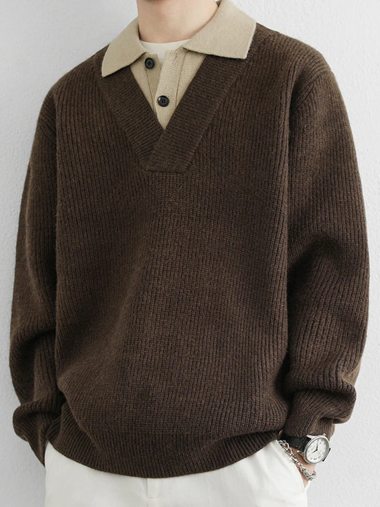 موضة المرقعة مزدوجة الطبقات بولو البلوزات الرجال Vintage زرر التلبيب متماسكة قميص بولو رجالي خريف شتاء عادية محبوك Polos #5