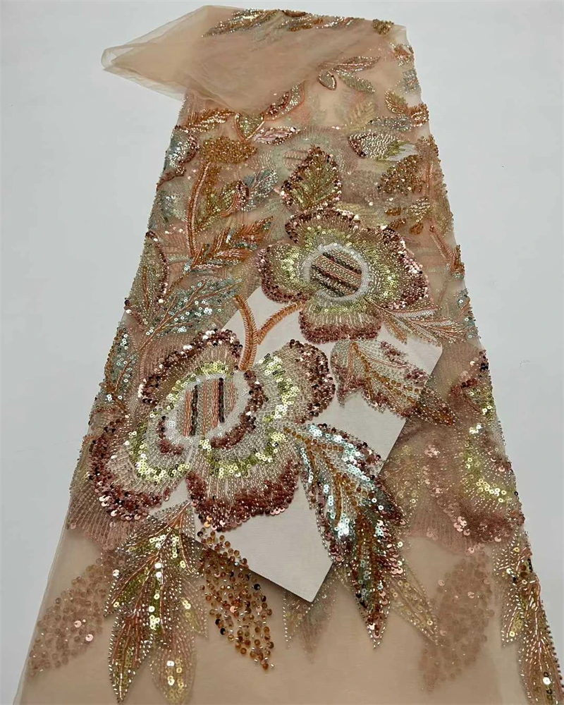 

Luxury African Beaded Sequins Pearl Lace French Tulle Fabric High Quality Nigerian Design for Party Dress Sewing