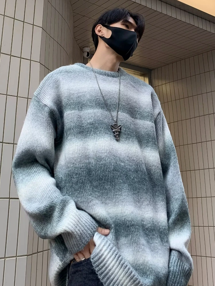 Sweaters Men Gradient Color High Street O-neck Chic Baggy All-match Slouchy Knitwear Korean Style Autumn Vintage Pullovers Daily