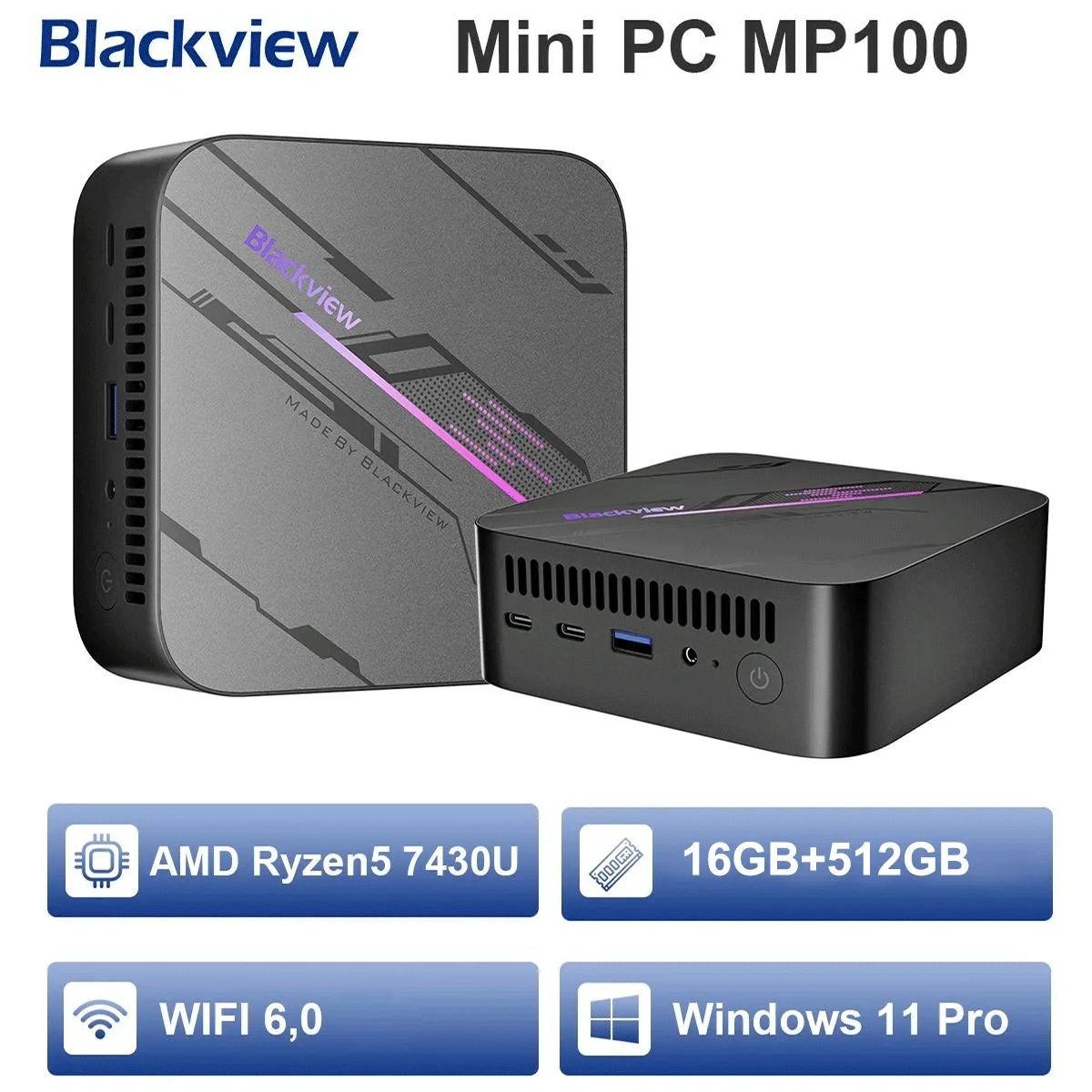 Мини-ПК Blackview MP100 AMD Ryzen 5 7430U, 16 ГБ/32 ГБ ОЗУ, 512 ГБ/1 ТБ SSD, мини-компьютер с Wi-Fi 6/BT 5,2/4K, тройной дисплей