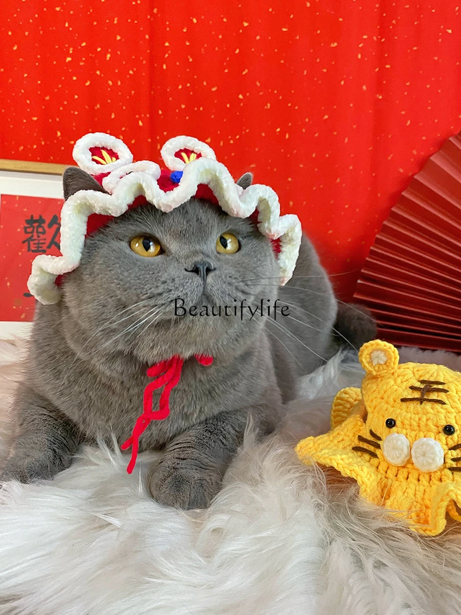 Pet Decorations Festive Lion Dance Hat Handmade Wool Knitted Cat Head Cover Photo Props