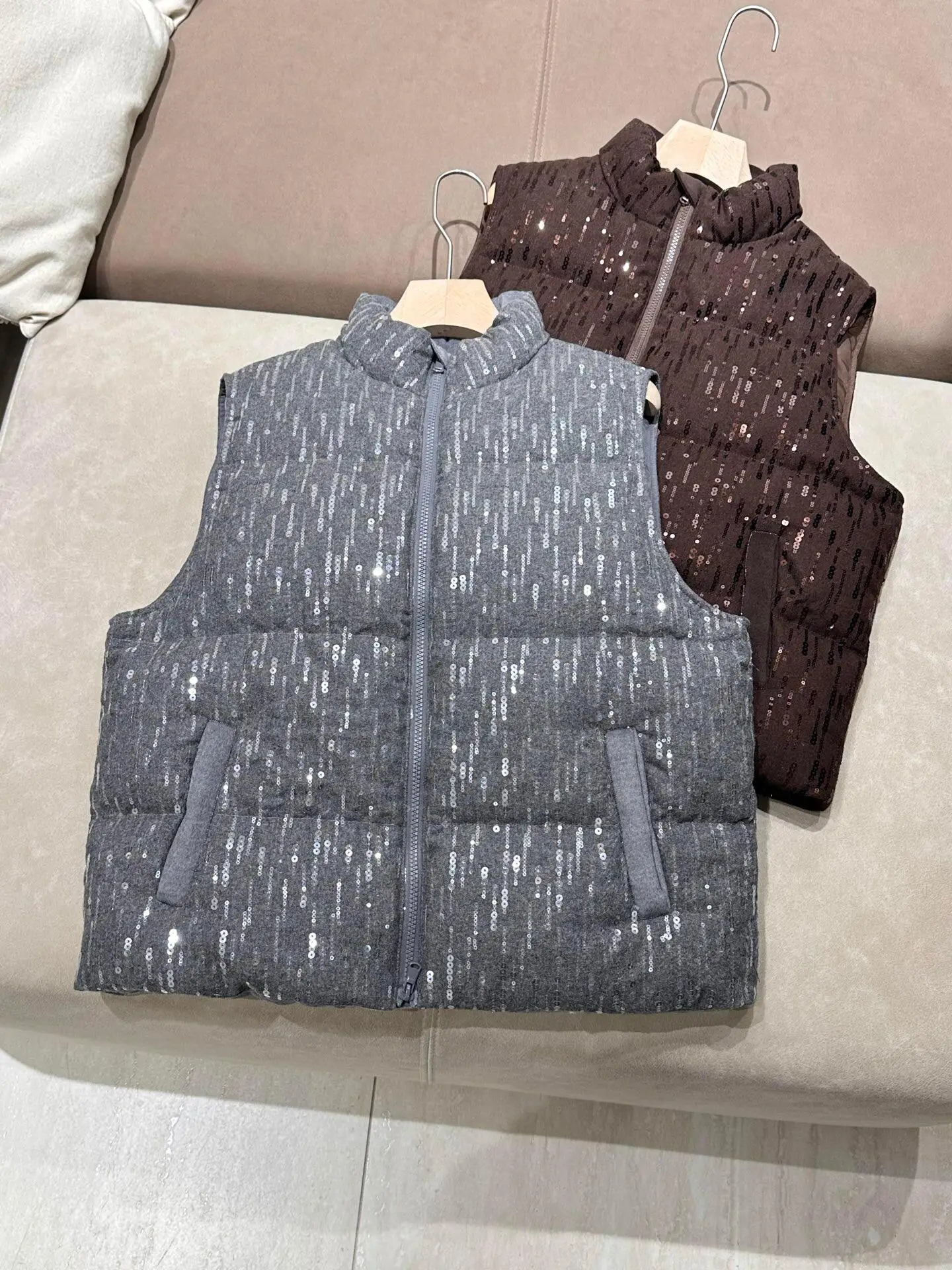 Heavily Embellished Beaded Wool Blended Goose Down Vest Women Autumn Winter Stand Collar Loose Layered Down Waistcoat