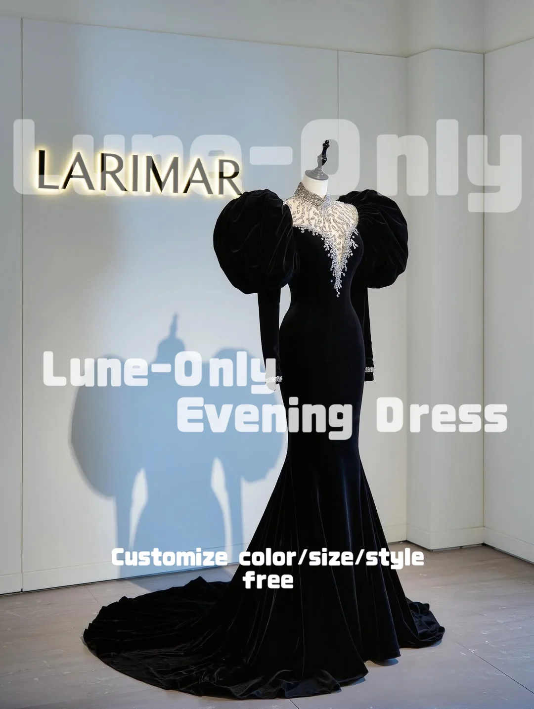 تخصيص نفخة طويلة الأكمام حجر الراين الأسود المخملية فساتين السهرة حورية البحر الطابق طول أنيقة حزب ثوب حفلة موسيقية اللباس الرسمي #2