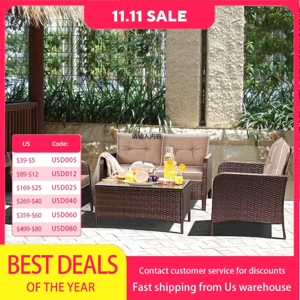 4 pieces of patio furniture, comfortable upholstered seating, garden lawn segmented conversation set with glass top coffee table