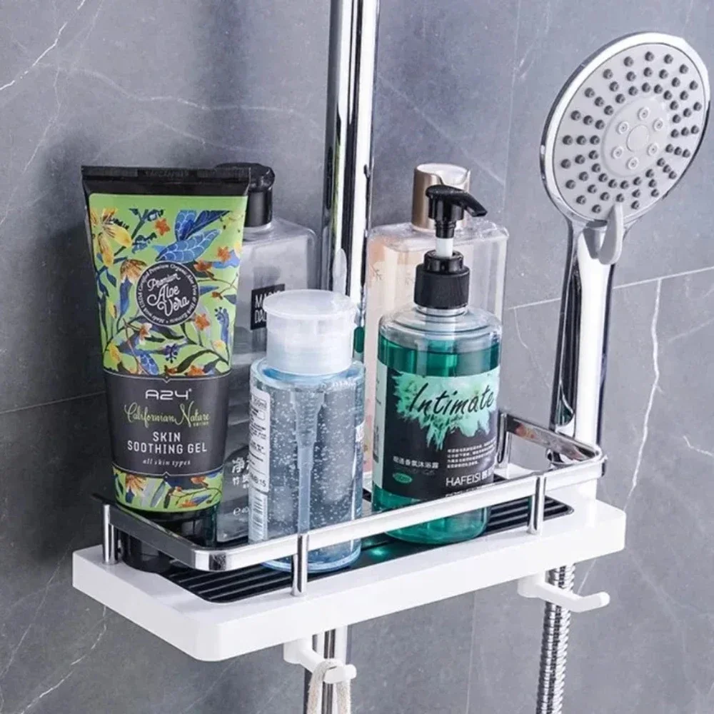 Shower Storage Holder Bathroom Shelf Pole Shelves Shampoo Tray Stand No Drilling Lifting Rod Shower Head Holder Rack Organizer