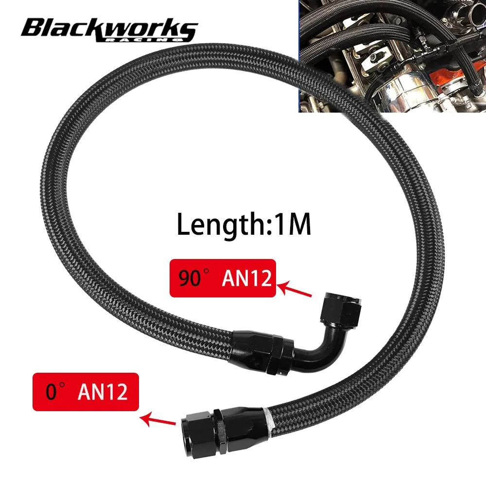 1M AN12 12AN Black Braided Oil Fuel Fittings Hose End 90+0 Degree Oil Adaptor Kit Oil Fuel Hose Line