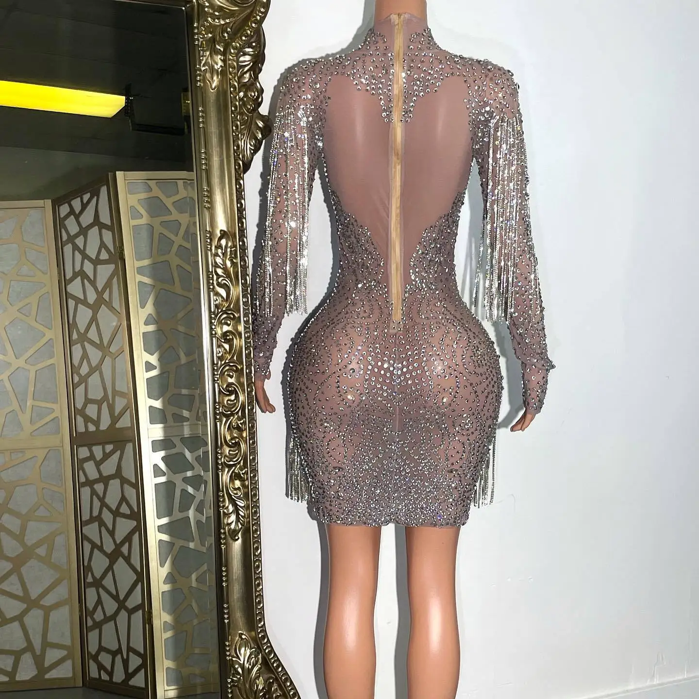 High End Rhinestone Mesh Elastic And Sexy Slim Fitting Dress