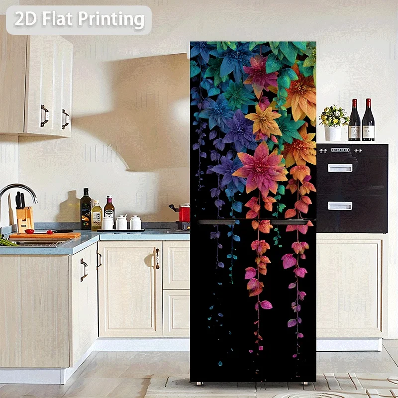 2D Flat Printing No 3D 1pc Refrigerator Sticker Colorful Hanging Floral Themed Scene Wall Decal Self-Adhesive Wallpaper Suitab