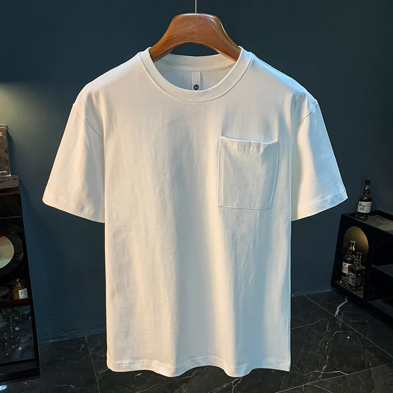 

Summer 2025 solid color versatile pocket style short sleeved T-shirt for men's casual simple round neck tops