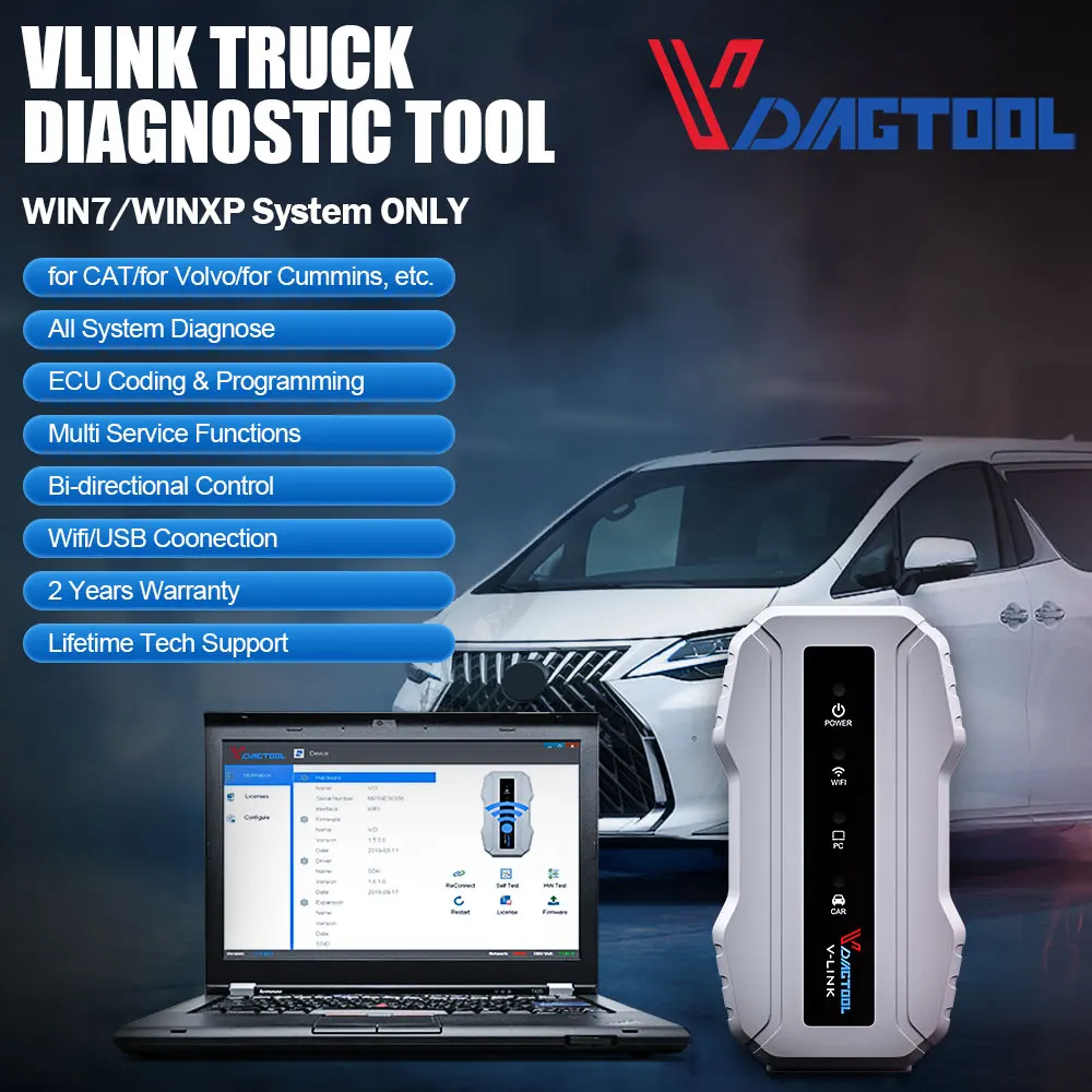 Vdiagtool VLINK Diesel Truck Diagnostic Tool For CAT For Cummins Truck Tools Heavy Duty Truck Scanners For Volvo ECU Coding