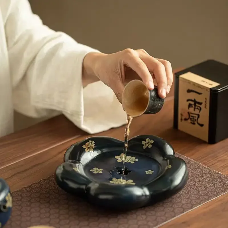 Jingdezhen Powder Blue Glaze Hand-painted Ice Plum Pot Bearing Tea Tray Water Storage Tray Building Water Dry Brewing TeaTray