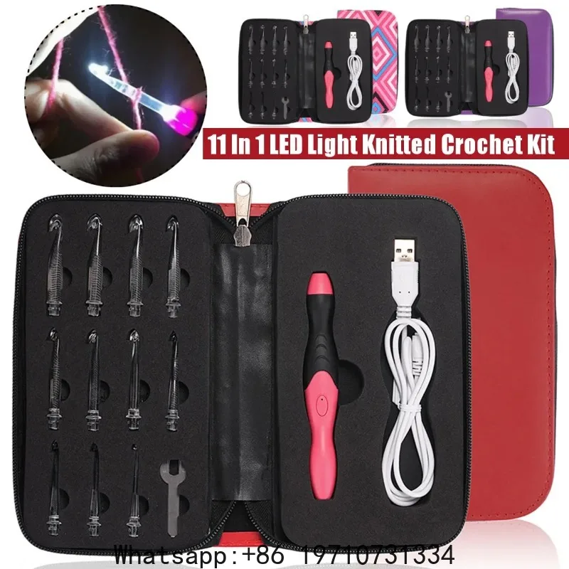 11 In 1 Useful USB LED Light Up Crochet Hooks Kit Purple Knitting Needles Set Weave Tool Kit Sewing Accessories Sewing Tools