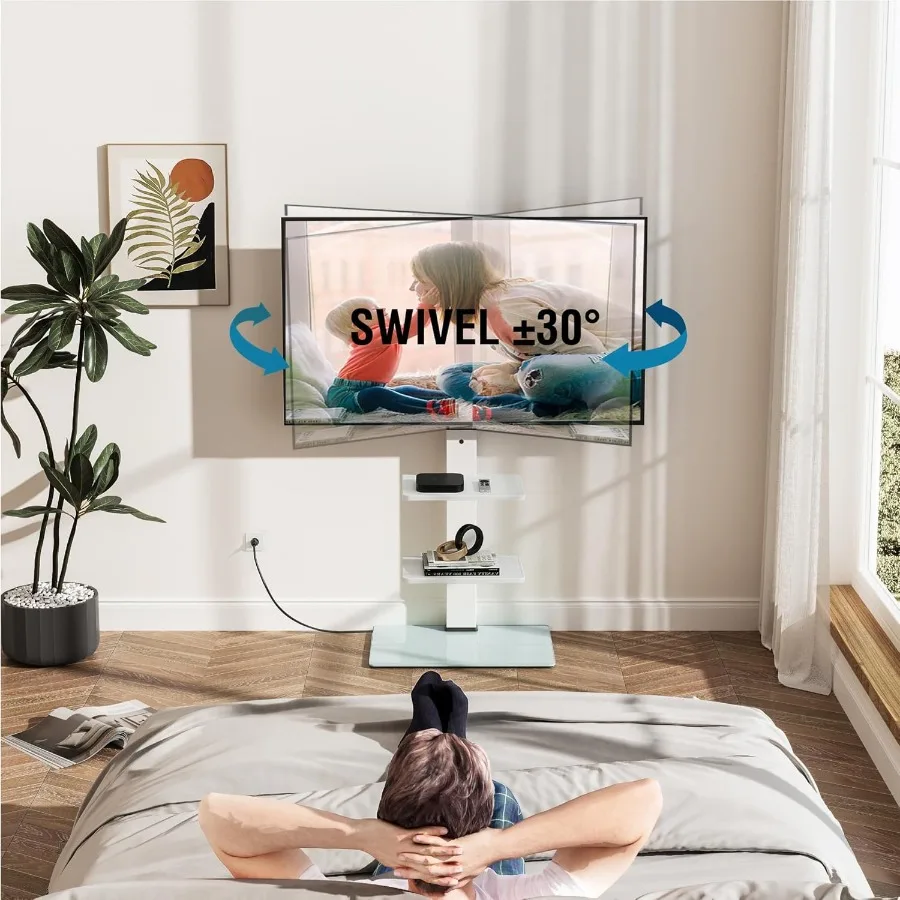 حامل تلفزيون طويل القامة لأجهزة التلفاز مقاس 3275 بوصة مع مخرج طاقة مدمج وقاعدة من الزجاج المقسى مثالية للاستخدام في غرفة النوم وغرفة المعيشة #3