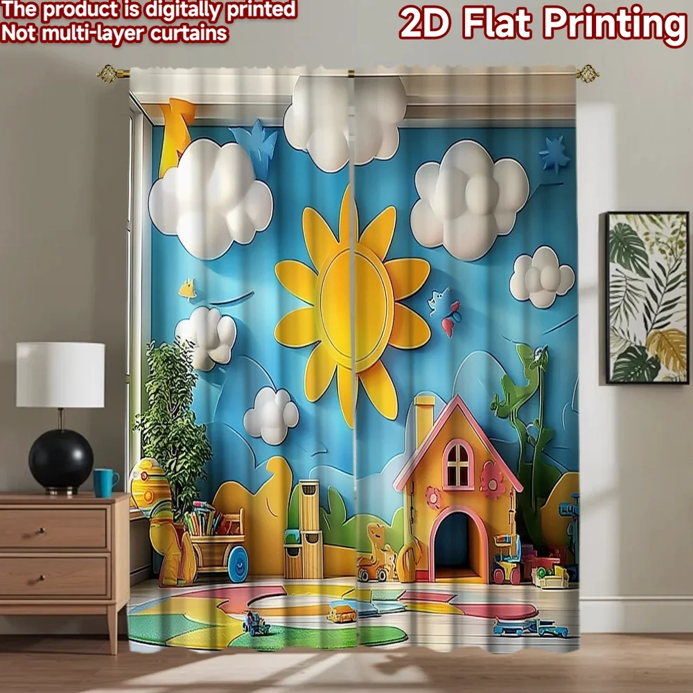 2D flat 2pcs Curtain Vintage drapes and curtains Sunny Clouds and House Digitally printed polyester, colorfast Party Decorations