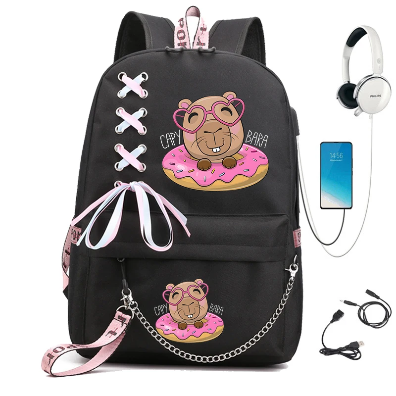 Capybara Anime Mochila para Crianças, Mochila Adolescente, Bagpack de Carregamento USB, Bookbag de Viagem dos Desenhos Animados para Meninas, Cute School Bag para Meninas