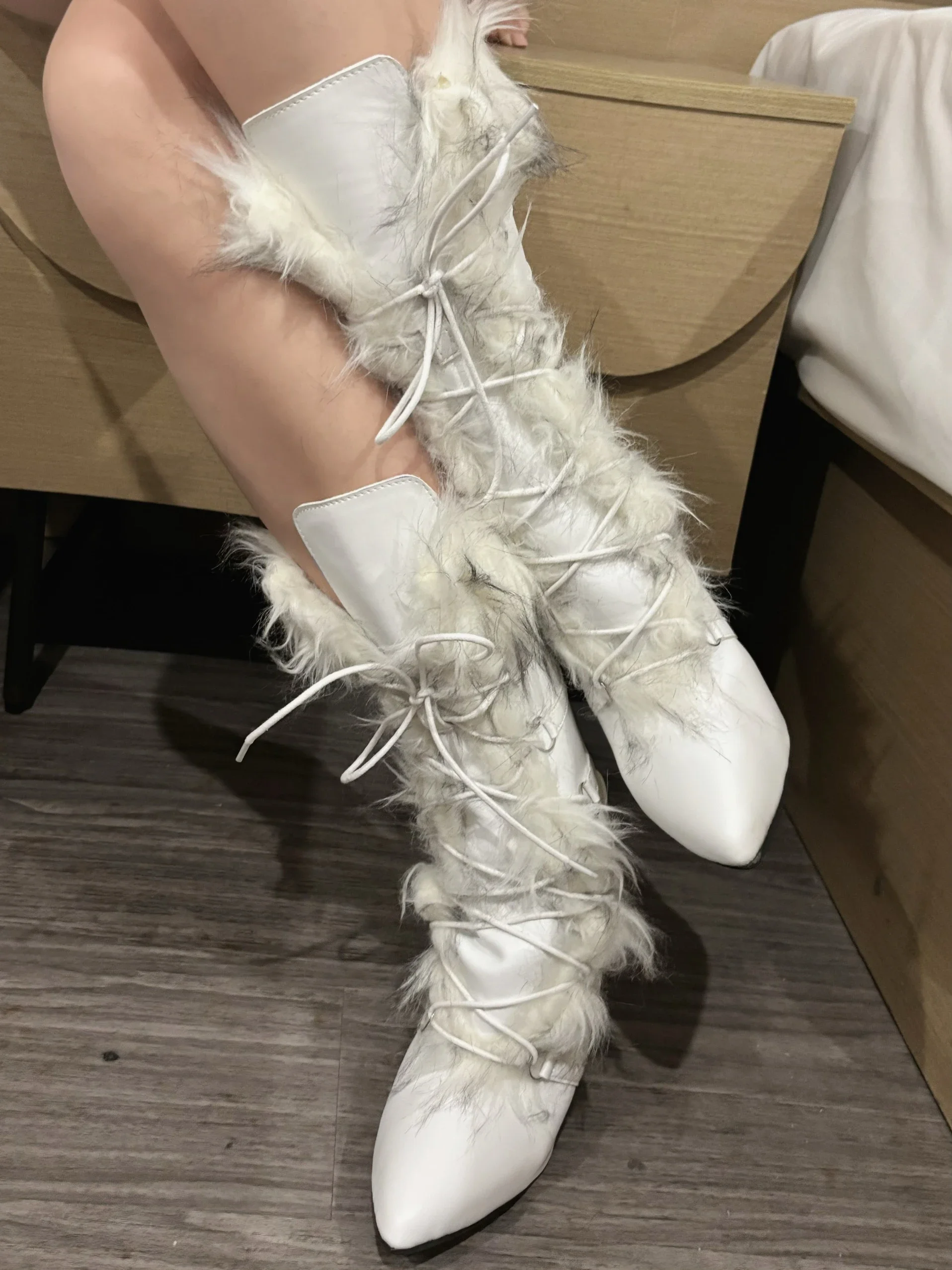 

White Cross Straps Fur Boots Woman Winter 2025 Sexy Pointed Toe Lace-Up Stiletto Long Boots Fashion Mid-Calf Boots