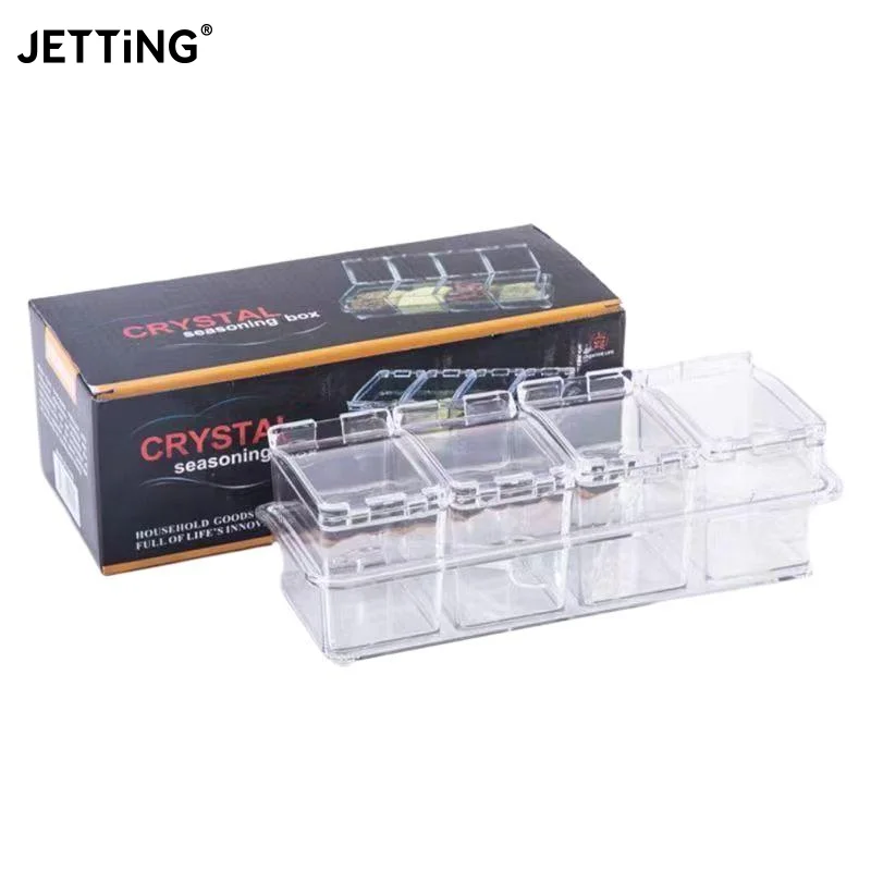 

4 Pieces Kitchen Clear Seasoning Box Storage Container Condiment Jars Acrylic Seasoning Box With Cover And Spoon