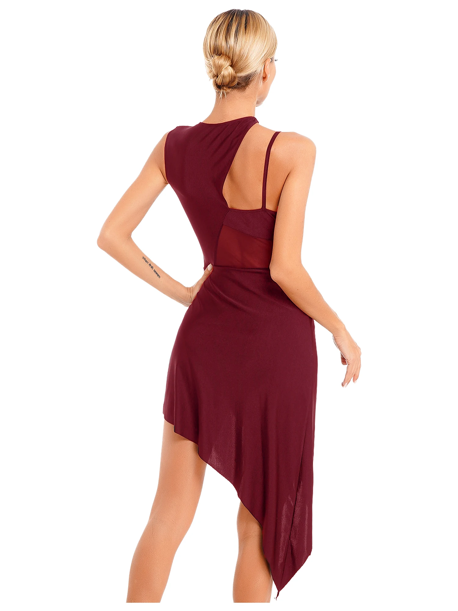 Vestido de baile lírico de Ballet para mujer, traje de actuación de danza Jazz, malla transparente, sin mangas, dobladillo asimétrico, vestido de vals, Ropa de baile