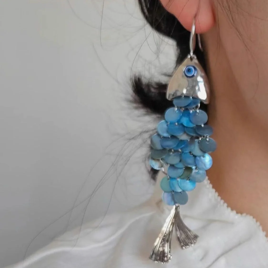 Blue Imitation Shell Tassel Fish Earrings, Creative Design, Niche, Unique, High-End Earrings