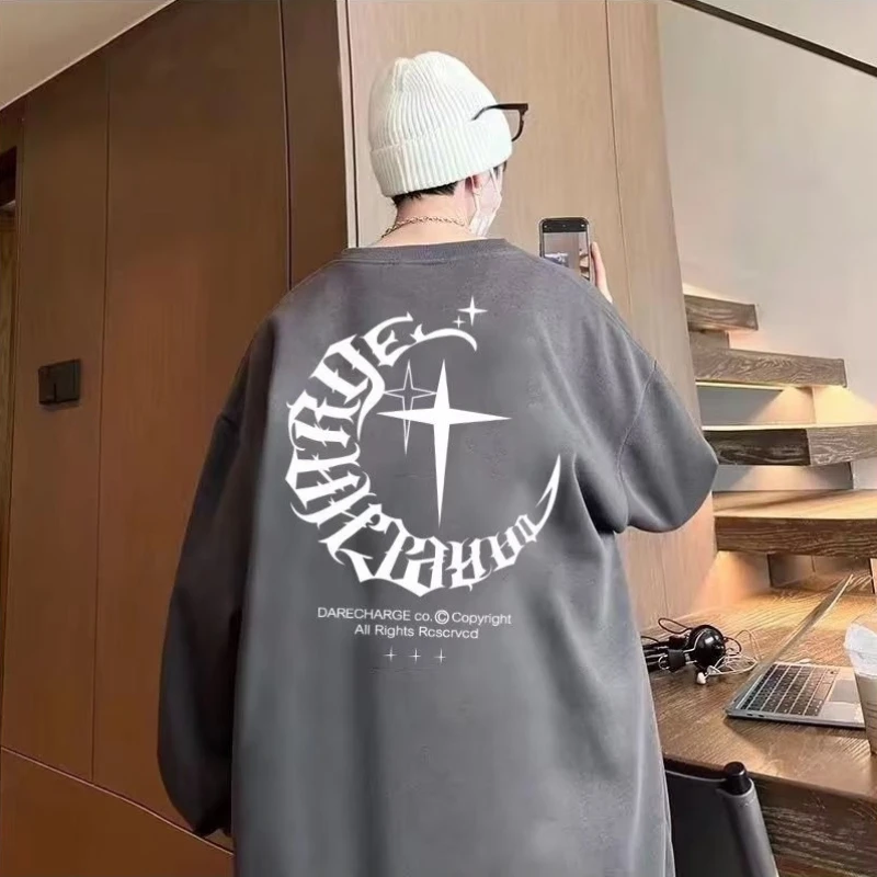 M-8XL Autumn Men Oversized Sweatshirts Fashion Loose American Moon And Stars Print Long Sleeve Plus Velvet Couple Clothes