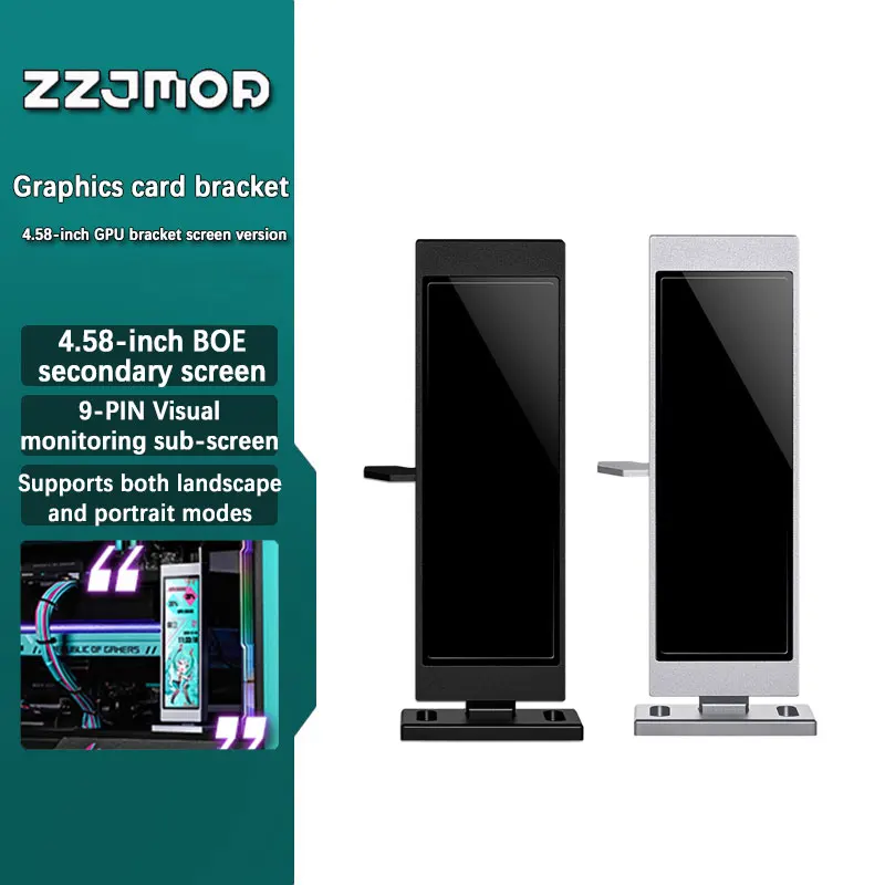 zzjmod-458-inch-gpu-holder-sub-screen-visual-monitoring-adjustable-horizontal-vertical-colorful-information-screen-for-pc-case