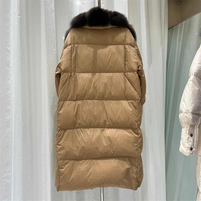 شتاء جديد المرأة فضفاضة سميكة الثعلب الفراء طوق معطف الفرو الأبيض بطة أسفل مبطن سترة عالية الجودة موضة عادية منتصف طول معطف #2