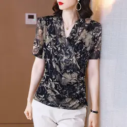 Camisa estampada floral vintage feminina, com decote em v, fina, combina tudo, casual, emendada, elegante, manga curta, roupa de verão