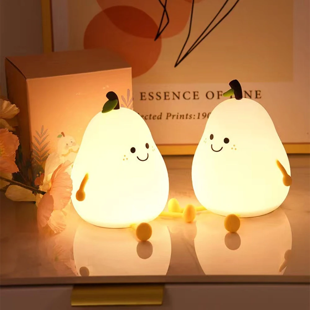 LED Pear Fruit Night Light USB Rechargeable Dimming Touch Silicone Nightlights Bedroom Bedside Decoration Couple Gift Boby Light