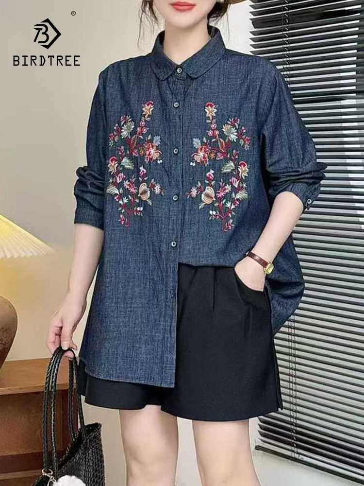 

New 2025 Winter Long Sleeve Denim Shirt, Women Turn-down Collar Embroidery, Mori Girl Temperament Casual Loose Blouse T5N928CC
