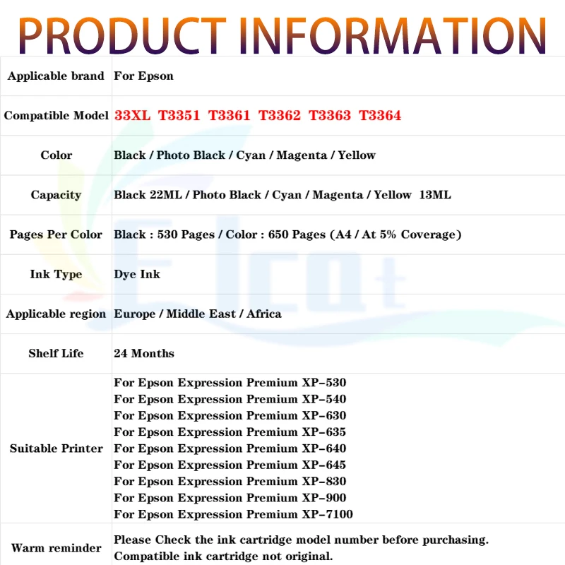 T3351 T3361 33XL Inktcartridge Compatibel Voor Epson XP-530 XP-540 XP-630 XP-640 XP-635 XP-645 XP-830 XP-900 XP-7100 Printer