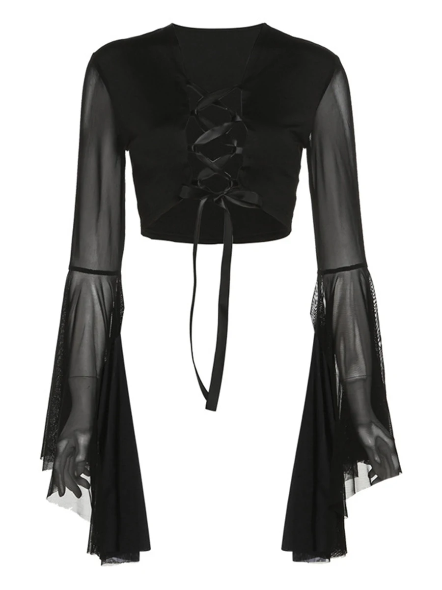 Women Sexy See Through Shirt Long Sleeve Sheer Mesh Off Shoulder Pleated Cardigan Fairy Grunge Tops Streetwear