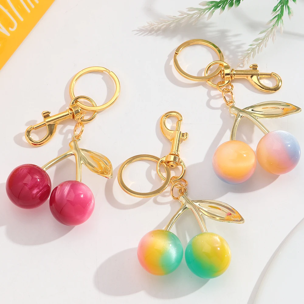 New Trendy Gradient Iridescent Cherry Resin Pendant Keychain for Women Bag Charm Decoration Jewelry Car Accessories Keyring Gift