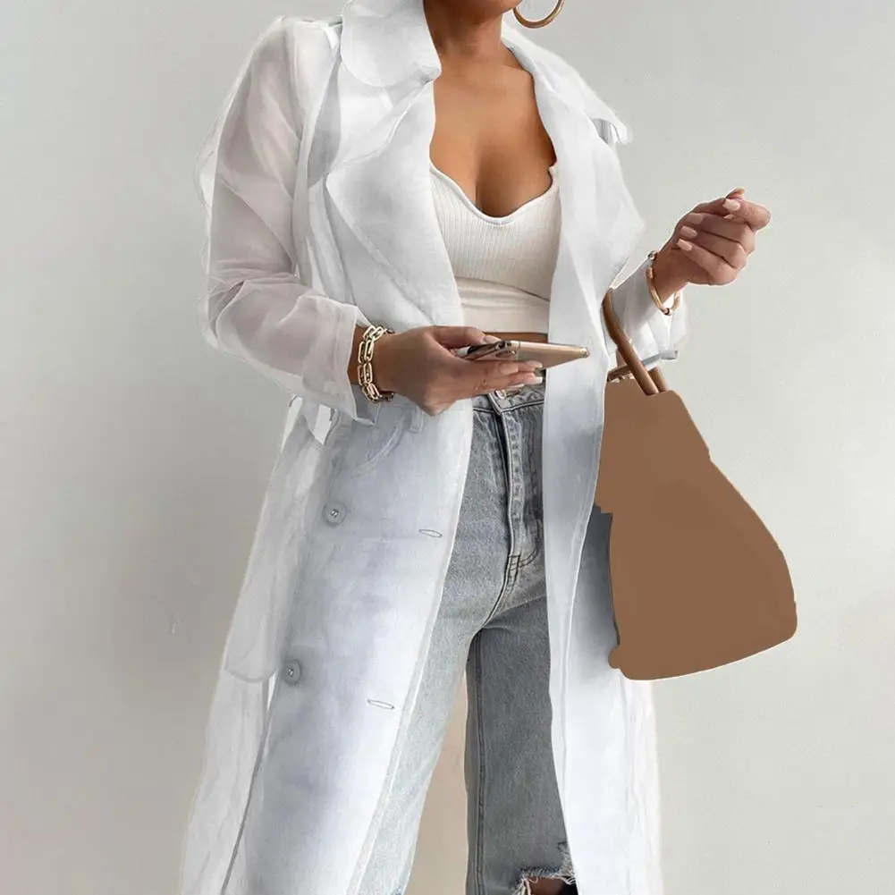 

2025 Women Coat Net Yarn See Through Long Sleeve Buttons Shirt Coat Spring Summer Lace-up Long Shirt Simple Pure Color Shirts