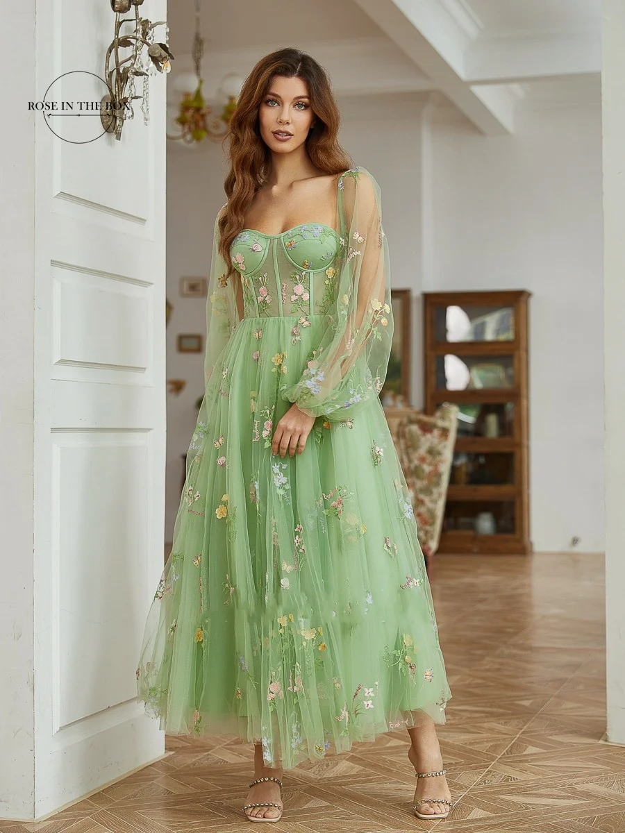 Corset Embroidered Prom Dresses Puff Sleeve Tea-Length Green Evening Party Dress Sweetheart Neck Tulle Midi Formal Gowns 2024