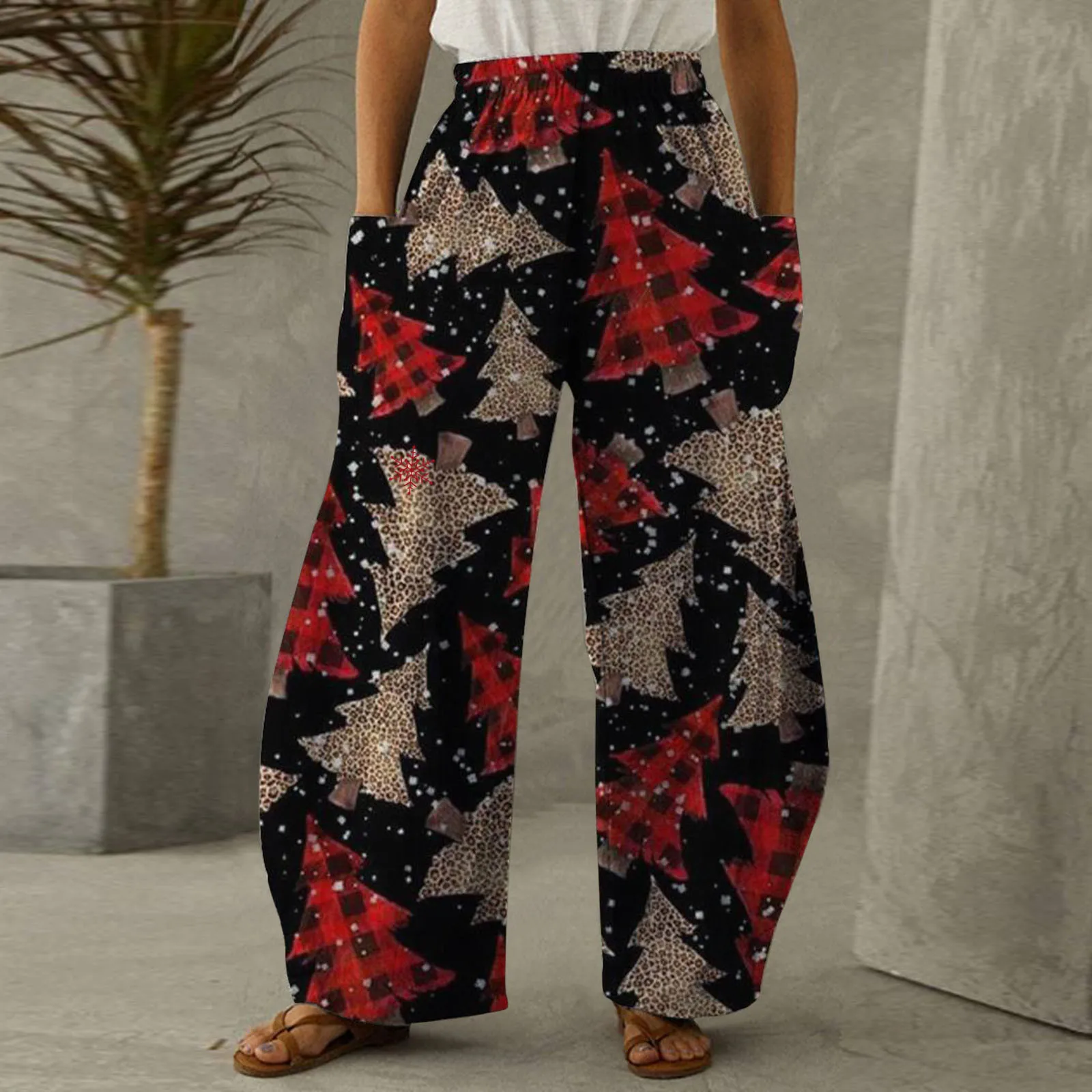 Pantalones de chándal con estampado navideño para mujer, Pantalones de pierna ancha, rectos, con estampado de reno, alce, Año Nuevo